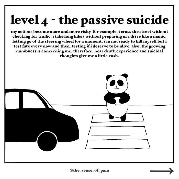 Level 4 "the passive suicide" comic, panda walking in crosswalk in front of car