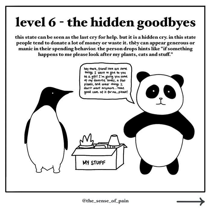 Leve 6 "the hidden goodbye" comic with panda giving away their books to penguin