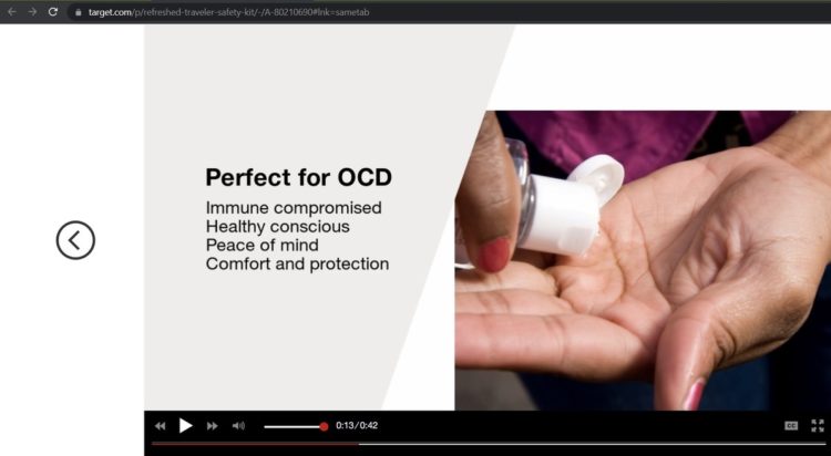 Screenshot from the Target video sponsoring the item, claiming it to be "perfect for OCD"