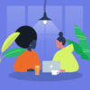 Illustration of two women sitting at a cafe and talking together