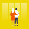 Illustration of a woman with her arm around a young man, yellow background