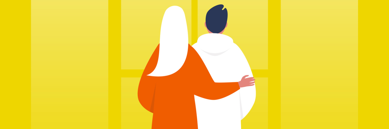 5 Ways to Support a Friend Hesitant to Seek Mental Health Help Illustration of a woman with her arm around a young man, yellow background