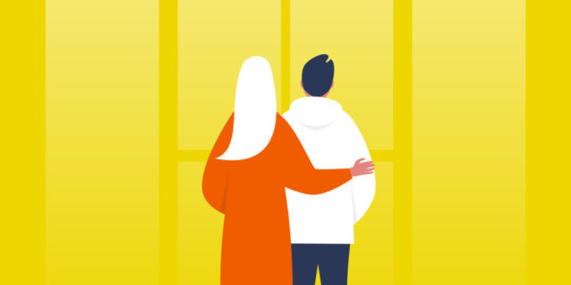 5 Ways to Support a Friend Who Is Hesitant to Seek Mental Health Help Illustration of a woman with her arm around a young man, yellow background