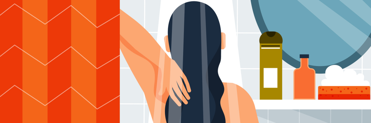 5 Hygiene Hacks for When Depression Makes Showering Feel Impossible illustration of a person in a shower washing their hair