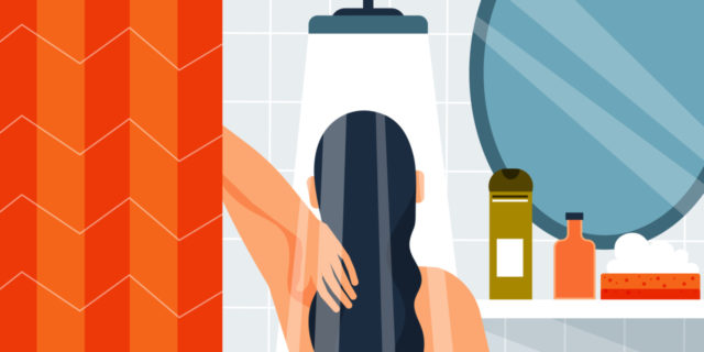 illustration of a person in a shower washing their hair