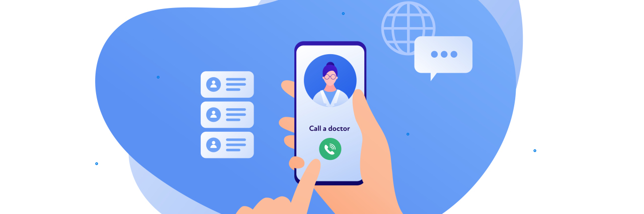 KHN: The Pandemic Made Telemedicine an Instant Hit. An illustration of someone calling a doctor on telemedicine