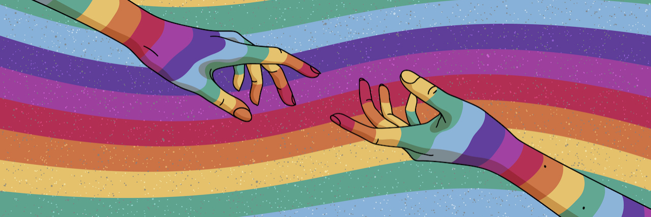 Two hands reaching out to each other, covered in rainbow against a rainbow background