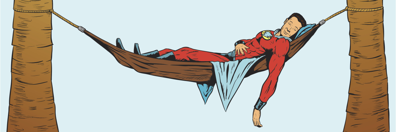 How to 'Power Up' Using Strategic Rest in Life With Chronic Illness Superhero relaxing in hammock..