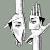 Vector illustration of 2 hand outs holding broken mirror fragments with parts of a face on it