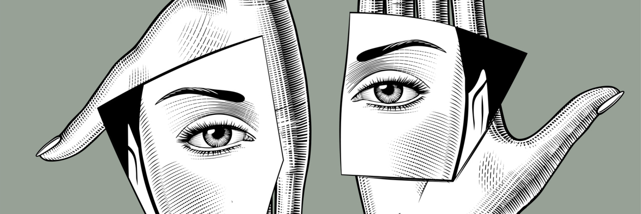 How to Recognize the 5 Types of Imposter Syndrome Vector illustration of 2 hand outs holding broken mirror fragments with parts of a face on it