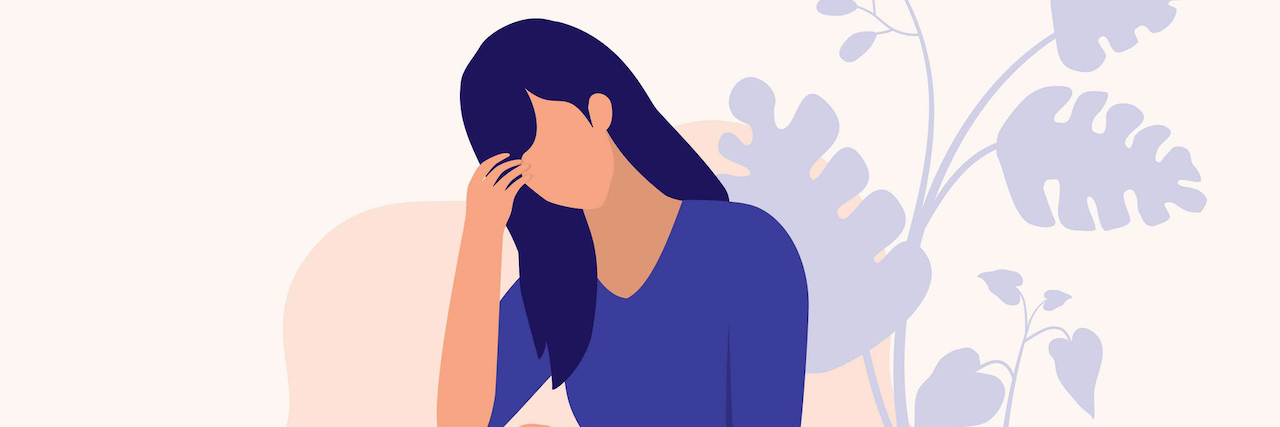 You Don’t Have to Be a Parent to Feel Tired Illustration of woman sitting and holding her head in her hands