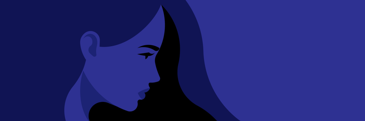 Illustration of a sad woman with long hair looking away, blue colors