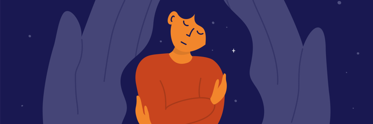 You Don't Have to Start Over Again After a Self-Harm Relapse Illustration of woman with closed eyes sitting on knees, embracing herself, inside drawing of hands