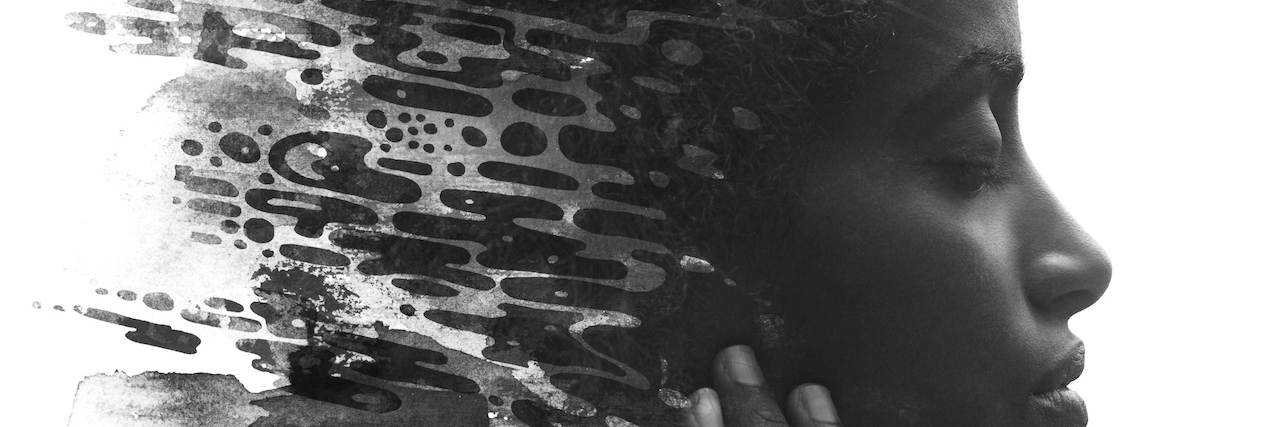 Using Machine Learning to Predict Psychosis Paintography portrait of Black woman with eyes closed, mixed with hand drawn illustration of oblong shapes