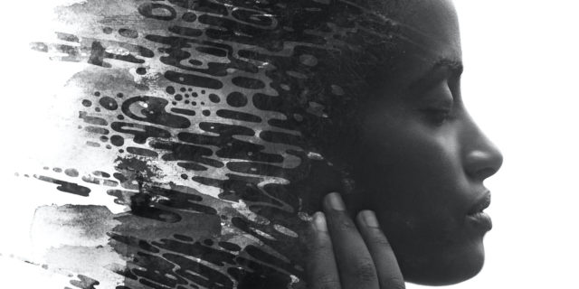 Using Machine Learning to Predict Psychosis Paintography portrait of Black woman with eyes closed, mixed with hand drawn illustration of oblong shapes