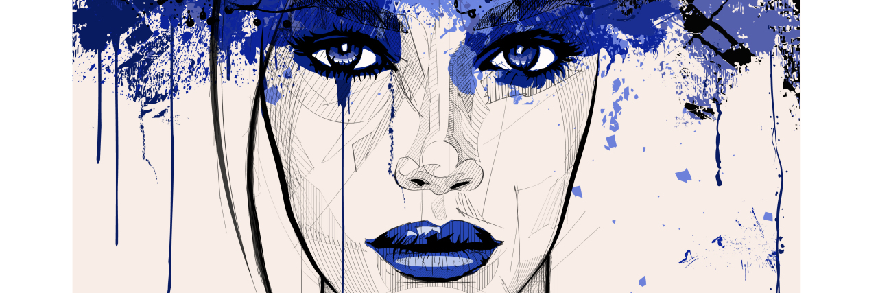Why I No Longer Keep My Rheumatoid Arthritis Pain to Myself Woman with blue hair and running mascara.