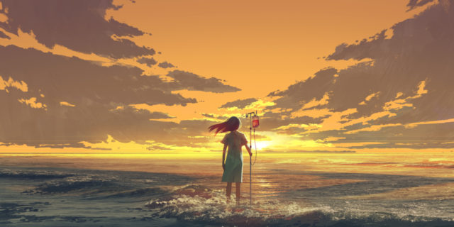 What Disability Pride Means When You Don't Feel Proud to Be Disabled Woman with IV pole standing in the ocean.