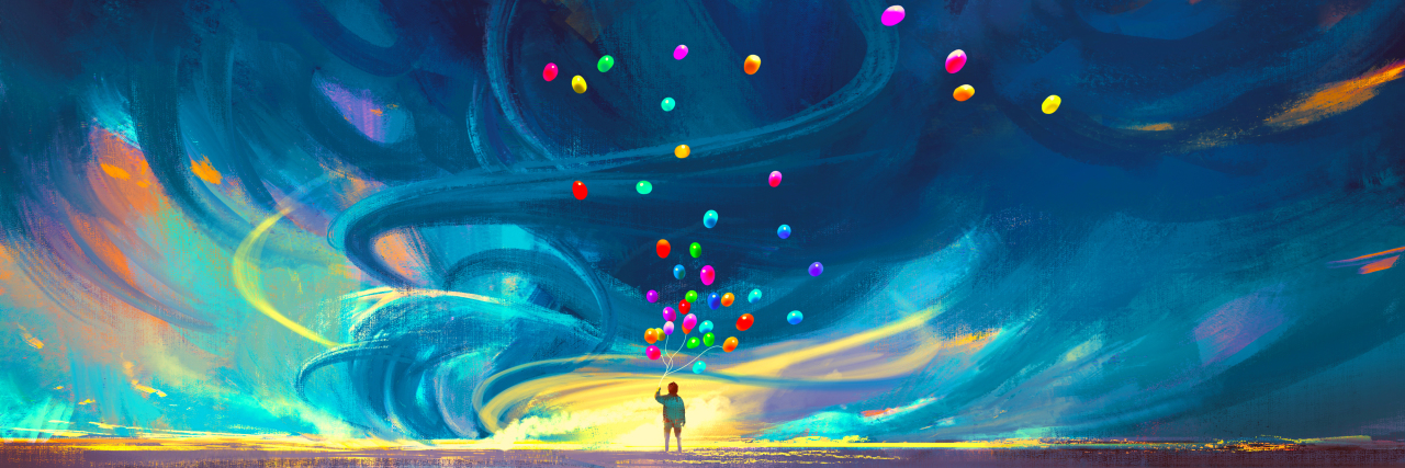 How It Feels to Be an Autistic Savant Child holding balloons standing in front of fantasy storm.
