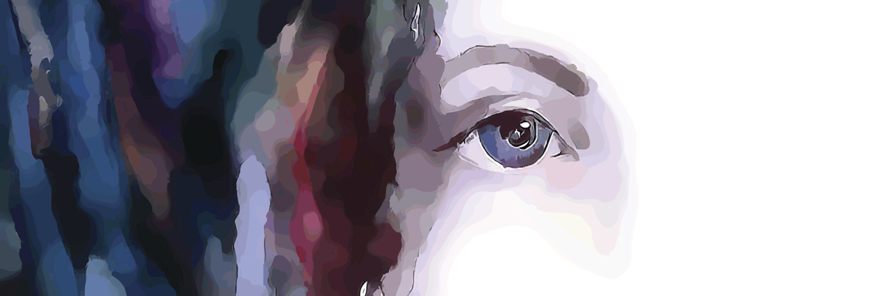 How My Mom's Abusive Voice Became My Own as Someone With Complex PTSD Watercolor of a woman's eye and blue/green/purple hair