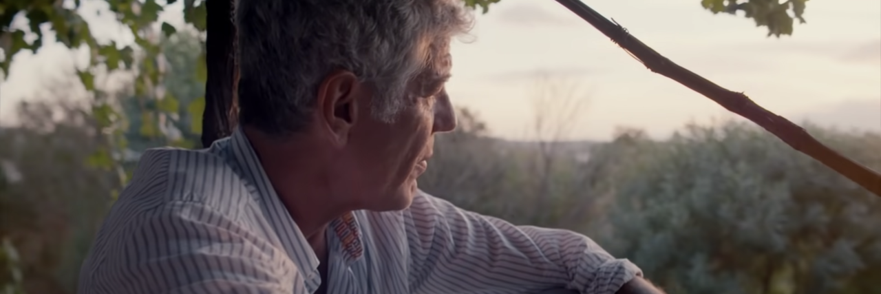Thoughts on Anthony Bourdain Doc 'Roadrunner' and Mental Illness screenshot of Anthony Bourdain watching the sunset