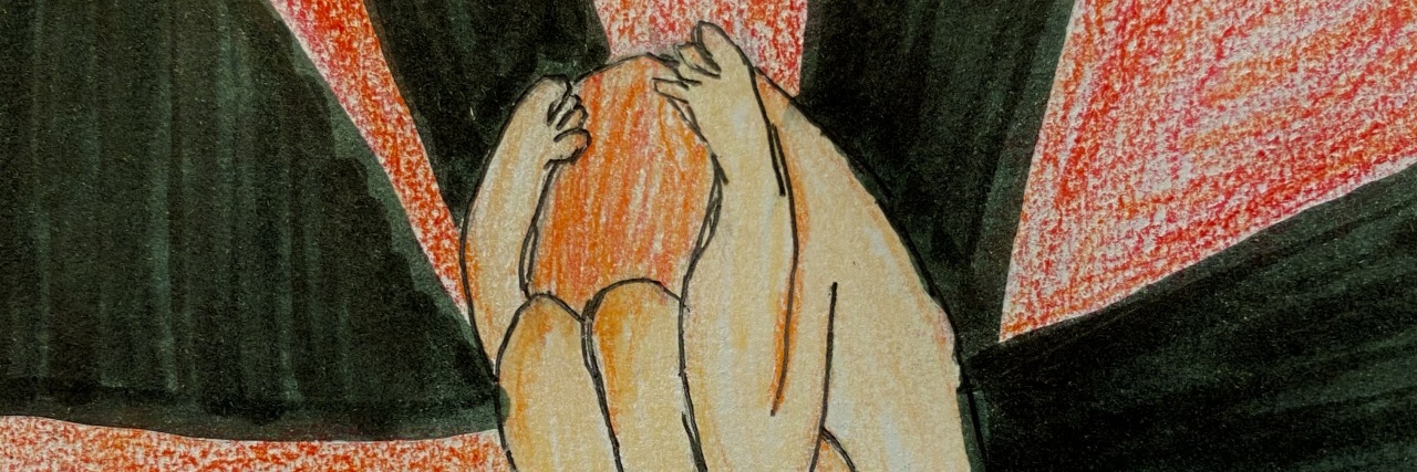 illustration from the contributor showing someone covering their face with their knees, surrounded by red lines extending outward