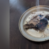 Plate on a kitchen table with burnt paper and a pink lighter next to it