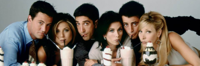 The cast of the TV series, "Friends" drinking milkshakes