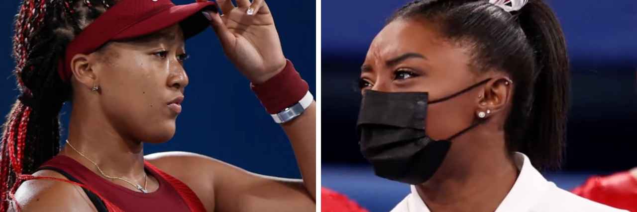 collage of Naomi Osaka on the left and Simone Biles on the right