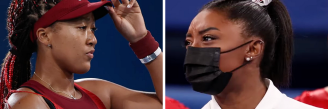 collage of Naomi Osaka on the left and Simone Biles on the right