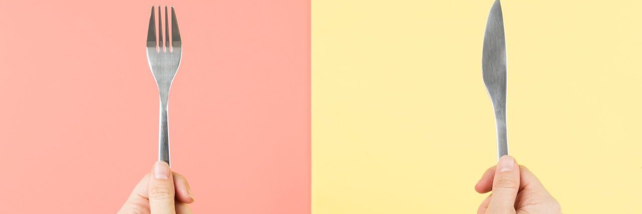 Why I No Longer See a Dietitian as Part of My Eating Disorder Recovery Photo of person's hands holding a knife and fork, on peach and yellow background