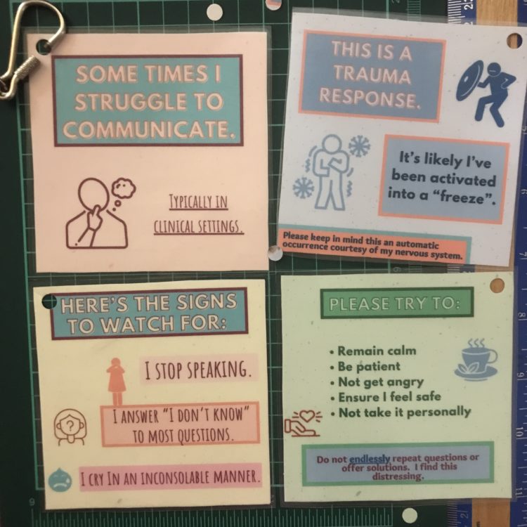 collage showing the contributor's eight-part communication cards explaining trauma responses and complex PTSD