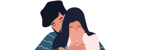 Vector of a young man wrapping his arms around a woman crying