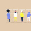 Vector of a line of people distanced with virtual window frames on each of their faces