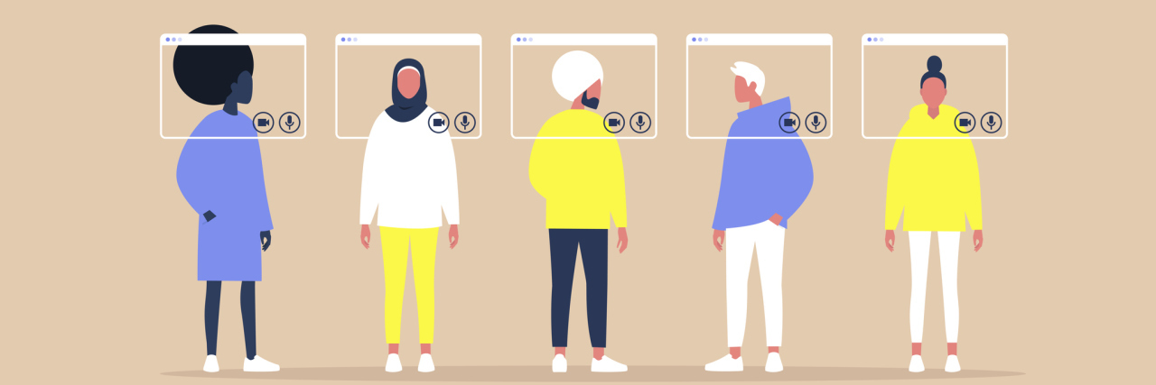 COVID-19 Should Be a Sign Mental Health Stigma Needs to End Vector of a line of people distanced with virtual window frames on each of their faces