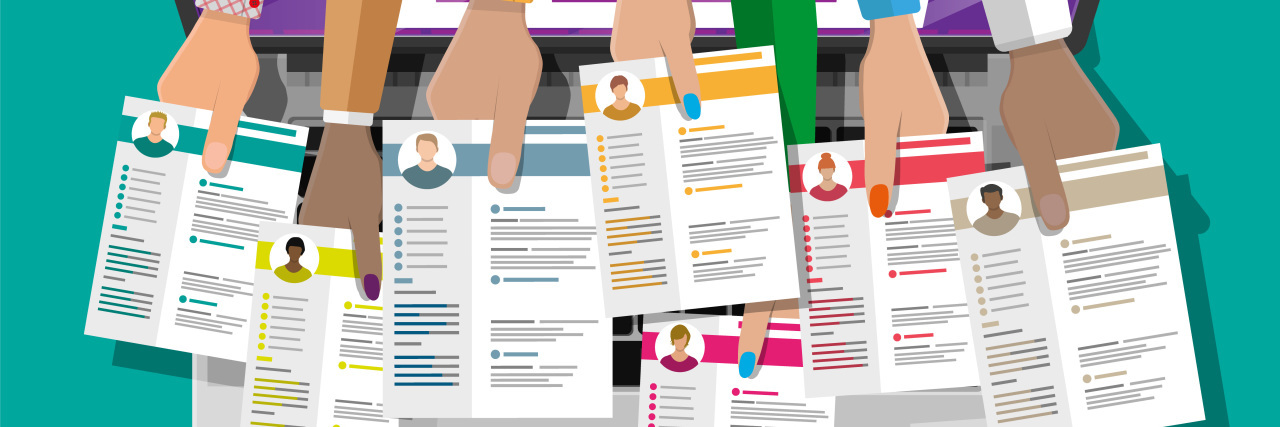 What '60 Minutes' Got Wrong About Autism and Employment Hands coming out of laptop holding resumes for employment.