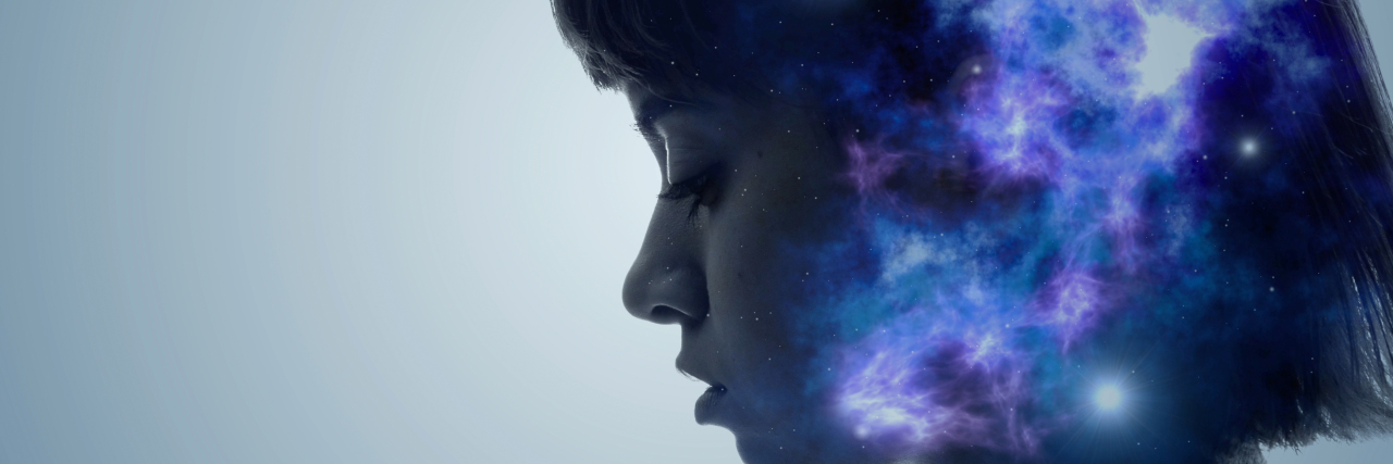 Why I Struggled to Accept My Fibromyalgia Diagnosis Woman with galaxy inside her, double exposure photo art.