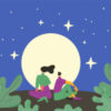 Illustration of two people at night, sitting back to back in front of large moon