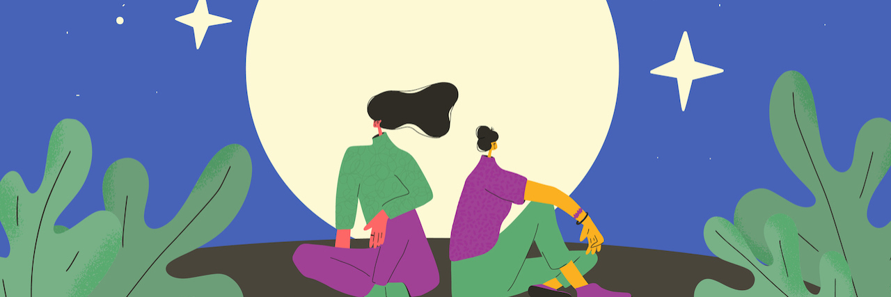 Opening Yourself Up and Letting Others See the Real You Illustration of two people at night, sitting back to back in front of large moon