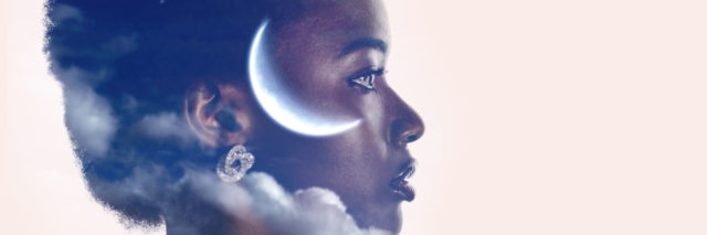Double exposure image of Black woman with moon and night sky.