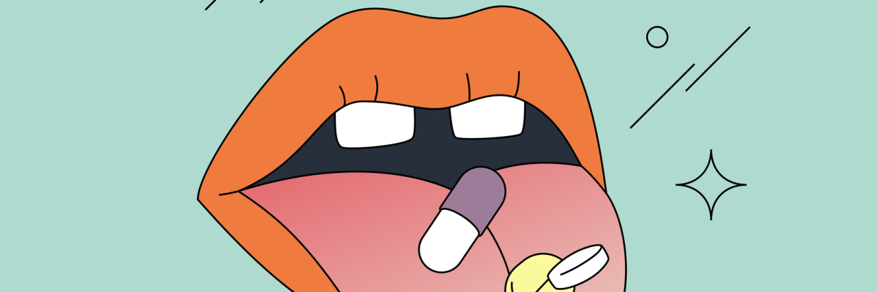 Comic style mouth with pills resting on the tongue sticking out