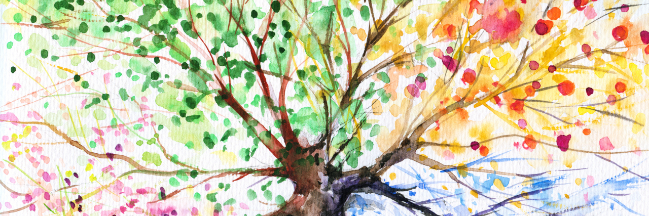 When Your Diagnoses Keep Changing Hand painted illustration of tree with four seasons.