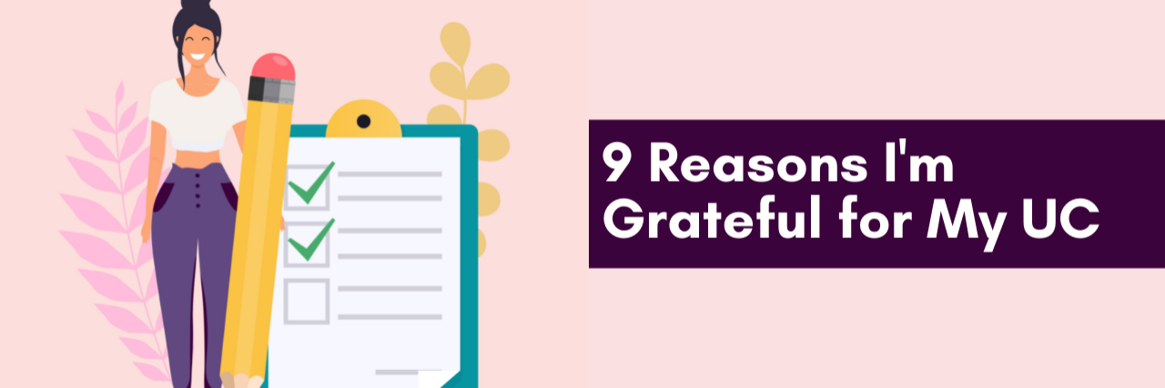 9 Reasons I'm Grateful for My UC A checklist on a clipboard on a pink background. Text to the right says 9 Reasons I'm Grateful for My UC