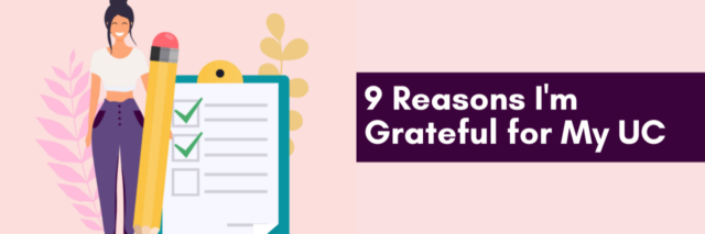 A checklist on a clipboard on a pink background. Text to the right says 9 Reasons I'm Grateful for My UC