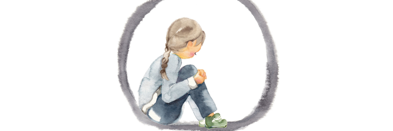 Illustrating of a young girl sitting with her knees to her chest, sad