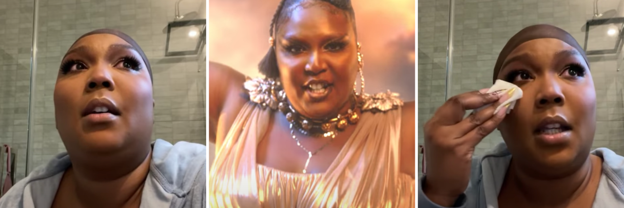 13 Affirmations Inspired by Lizzo For Big Black Women Three images paired side by side. The first being Lizzo in a gray hoodie and wig cap with a full face of makeup on crying and looking up. The second is a still from Lizzo's music video "Rumors" where she is adorned in all gold with her hair in a high ponytail looking as if she came straight out of a grecian fable. The third is the same look in the hoodie from the first picture, but she is dabbing her eyes with a napkin.