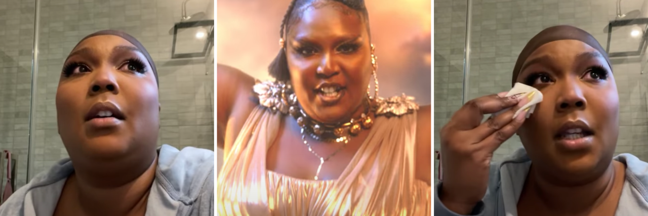 Three images paired side by side. The first being Lizzo in a gray hoodie and wig cap with a full face of makeup on crying and looking up. The second is a still from Lizzo's music video "Rumors" where she is adorned in all gold with her hair in a high ponytail looking as if she came straight out of a grecian fable. The third is the same look in the hoodie from the first picture, but she is dabbing her eyes with a napkin.