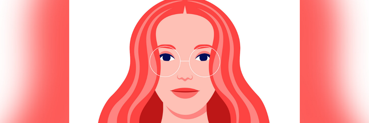 Illustration of woman with red hair and glasses, looking confidently ahead