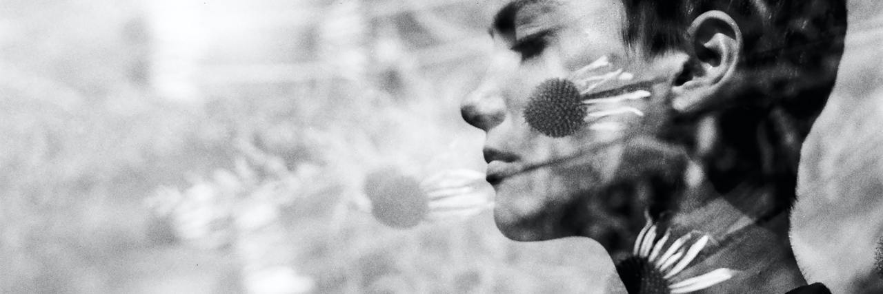 When My Therapist Used My Vulnerability Against Me photo of a woman with short hair, double exposure with flowers