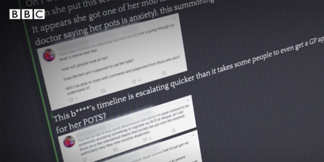 Screenshot from "Sickness and Lies" showing bulltying posts from the illnessfakers subreddit.