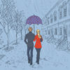 Illustration of couple walking in the rain, holding an umbrella with hearts on it